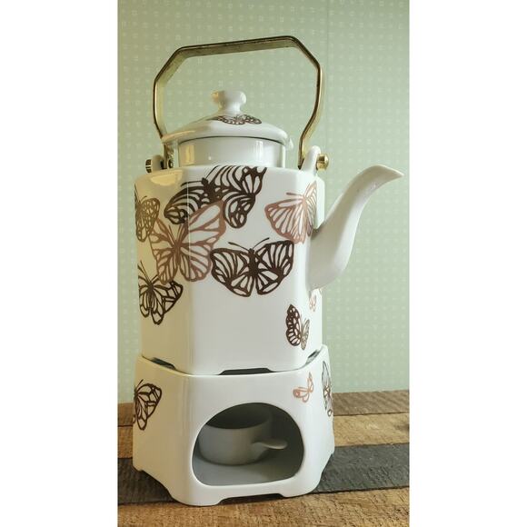 Tea Set Teapot Warmer Sato Gordon Collection Six Cups Brown Gold Butterflies - Picture 5 of 14